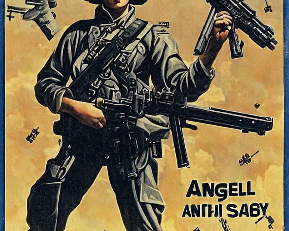 Vintage-Style Poster Featuring Soldier in Combat Gear with Military Rifles & Helicopters