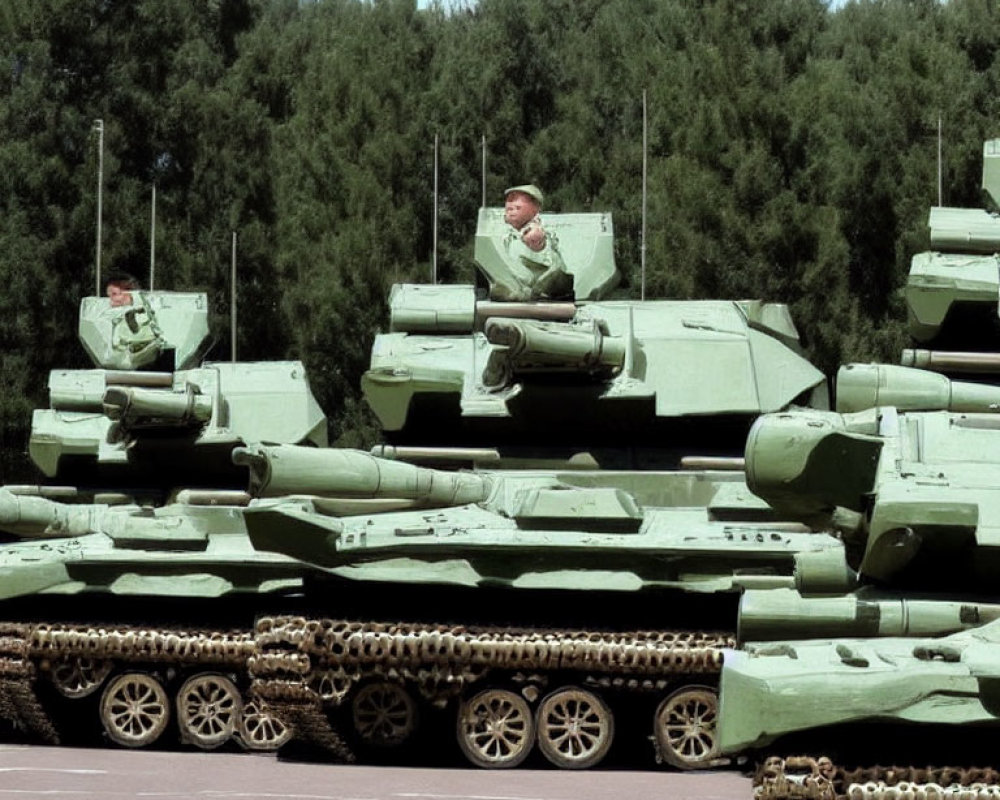 Military tanks and soldiers lined up in outdoor setting.