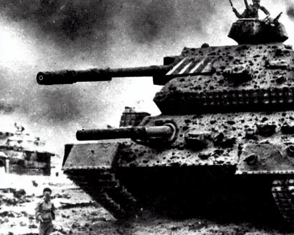 Monochrome photo: tanks with cannons, soldier in action, war-torn setting