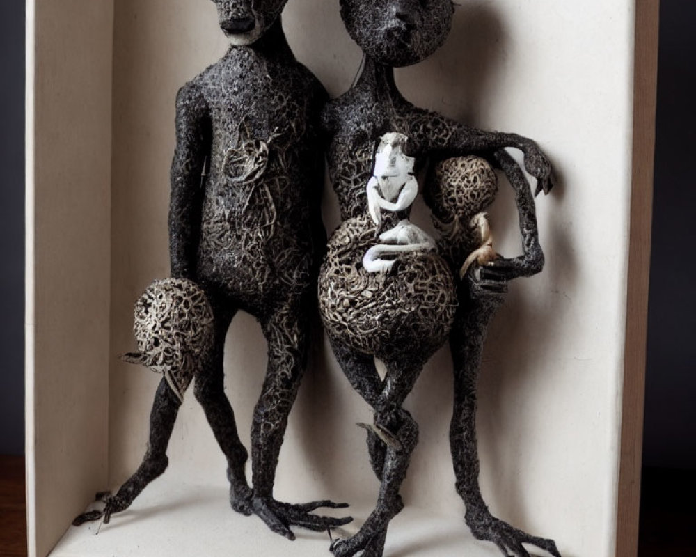 Sculpture featuring humanoid figures with animalistic features holding smaller figure, textured bodies, hollow patterns