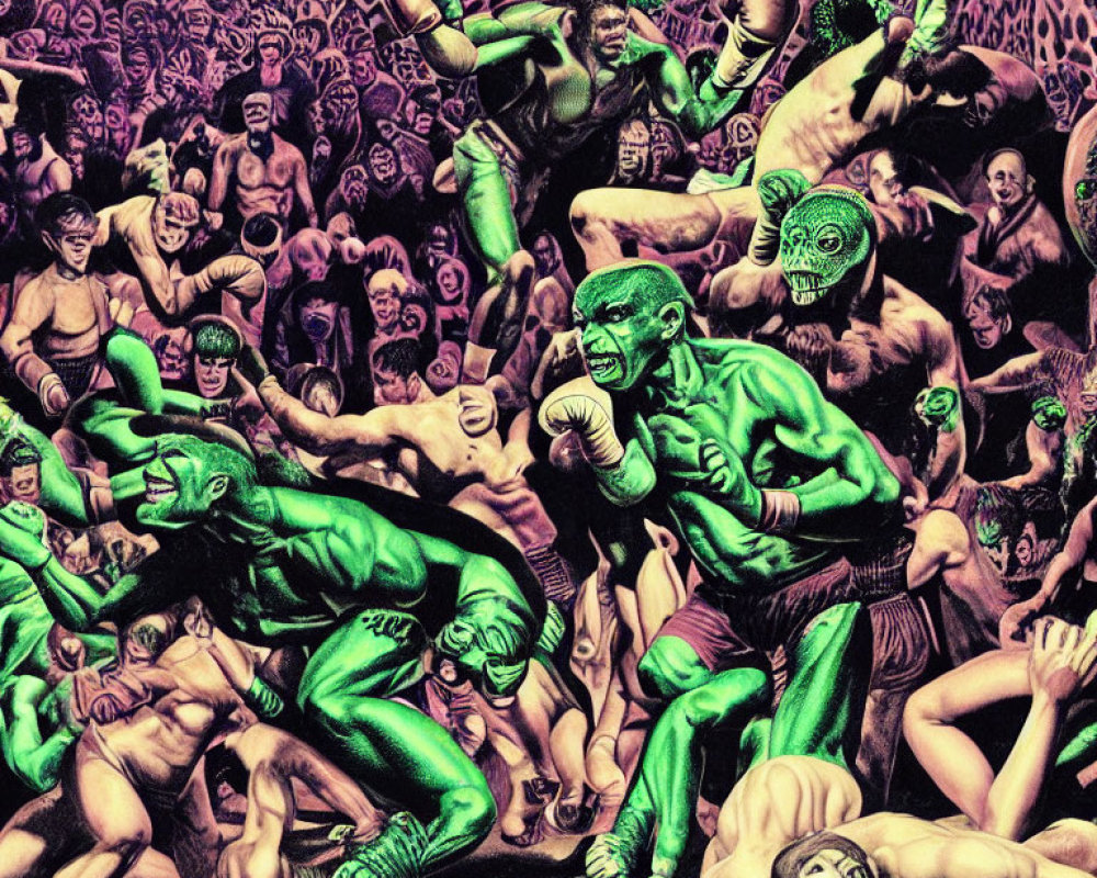 Colorful chaotic brawl with green muscular figures in crowded scene