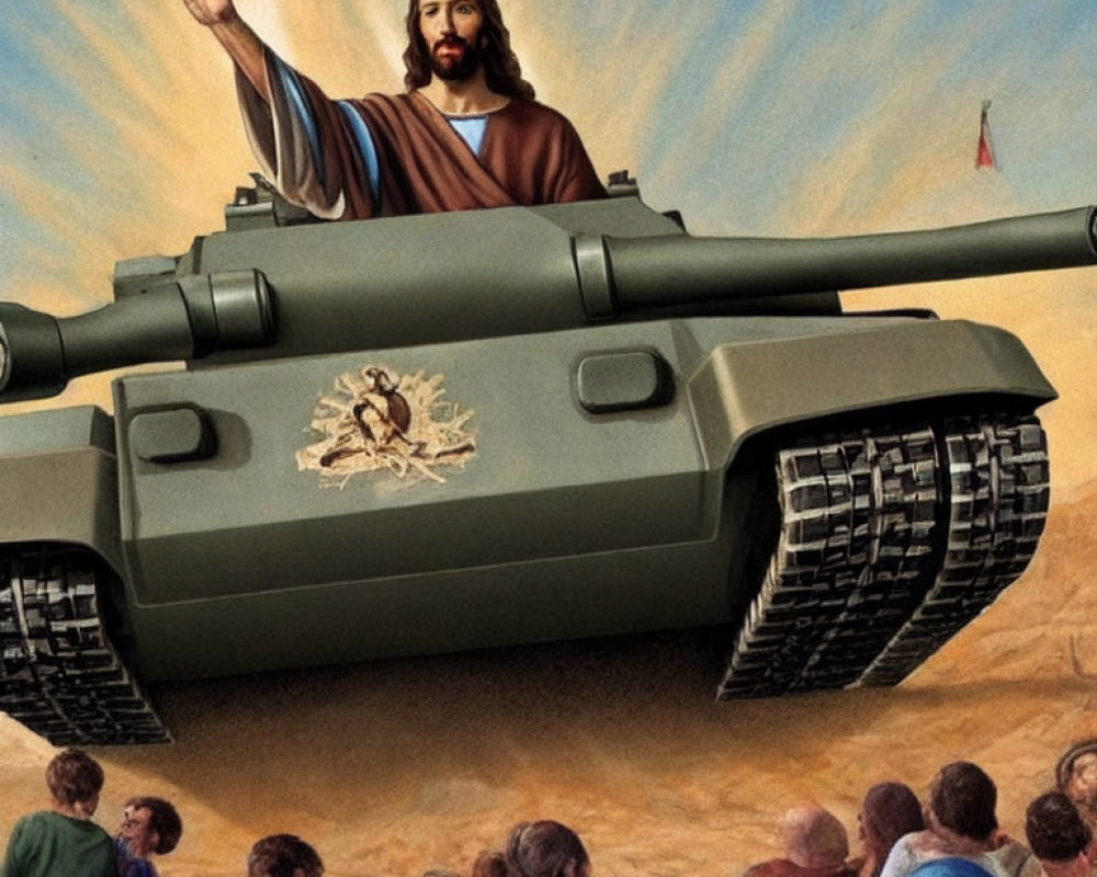 Digital artwork: Jesus-like figure on tank with people under blue sky