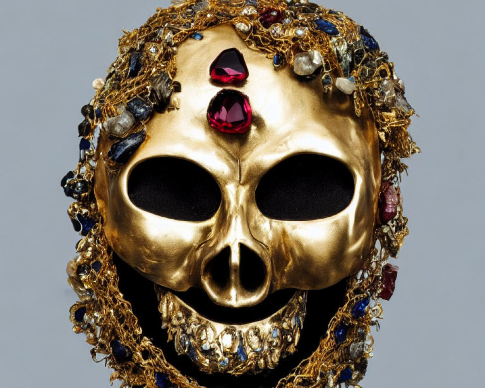 Intricately designed golden skull mask with gemstones on grey background