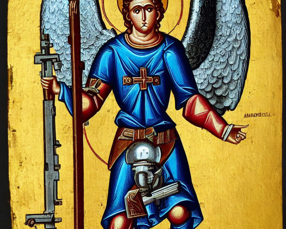 Religious icon of angel in blue robes with spear, wings, and halo