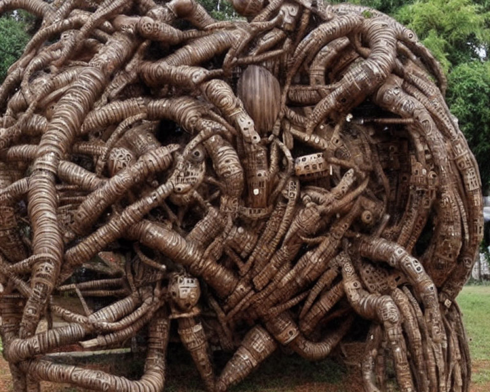 Intricate Wooden Sculpture of Human and Tree-Like Forms