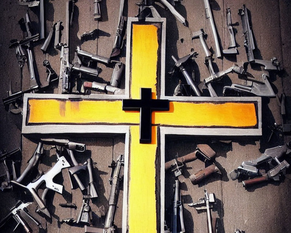 Yellow Cross with Black Outline Among Guns on Brown Background