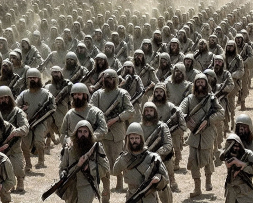 Historical soldiers in costume with rifles marching in dusty field