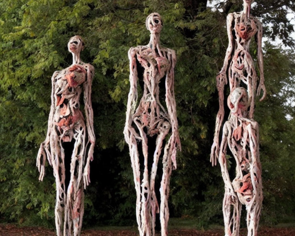 Elongated humanoid sculptures in natural setting with trees