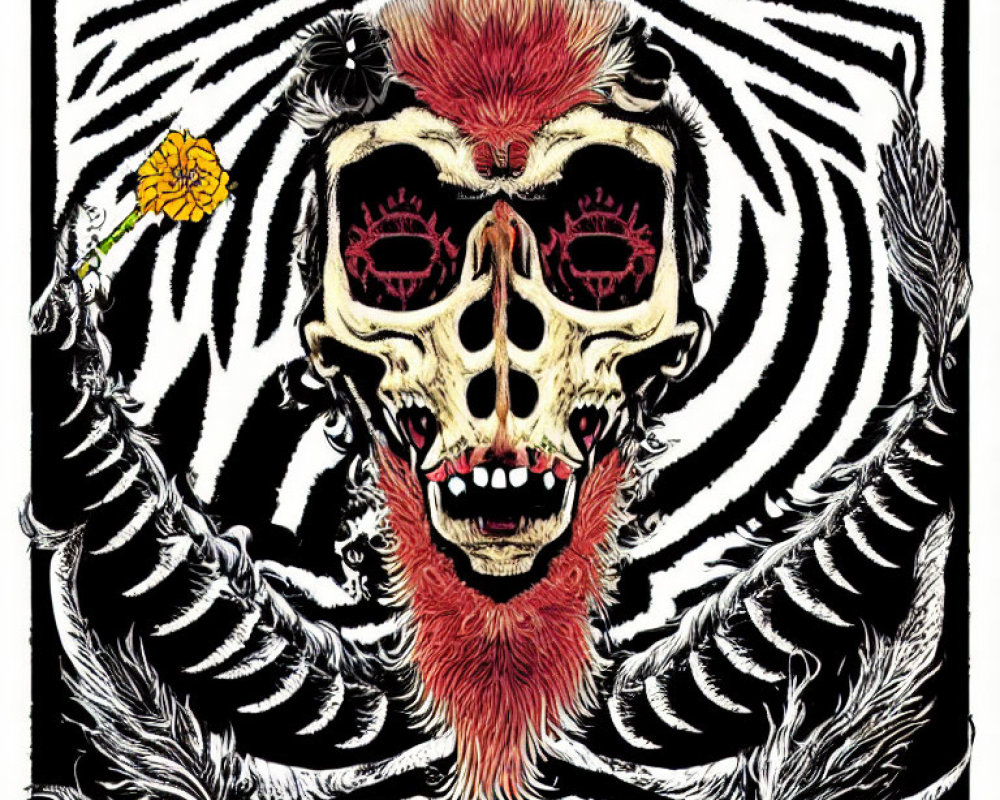 Skull with Red Eyes and Furry Mane on Psychedelic Background Holding Yellow Flower