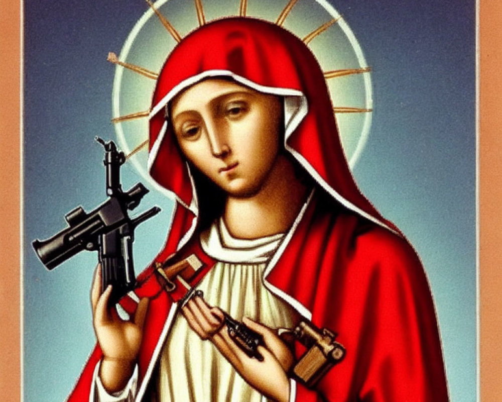 Figure with Halo in Red Cloak Holding Firearms on Religious Background