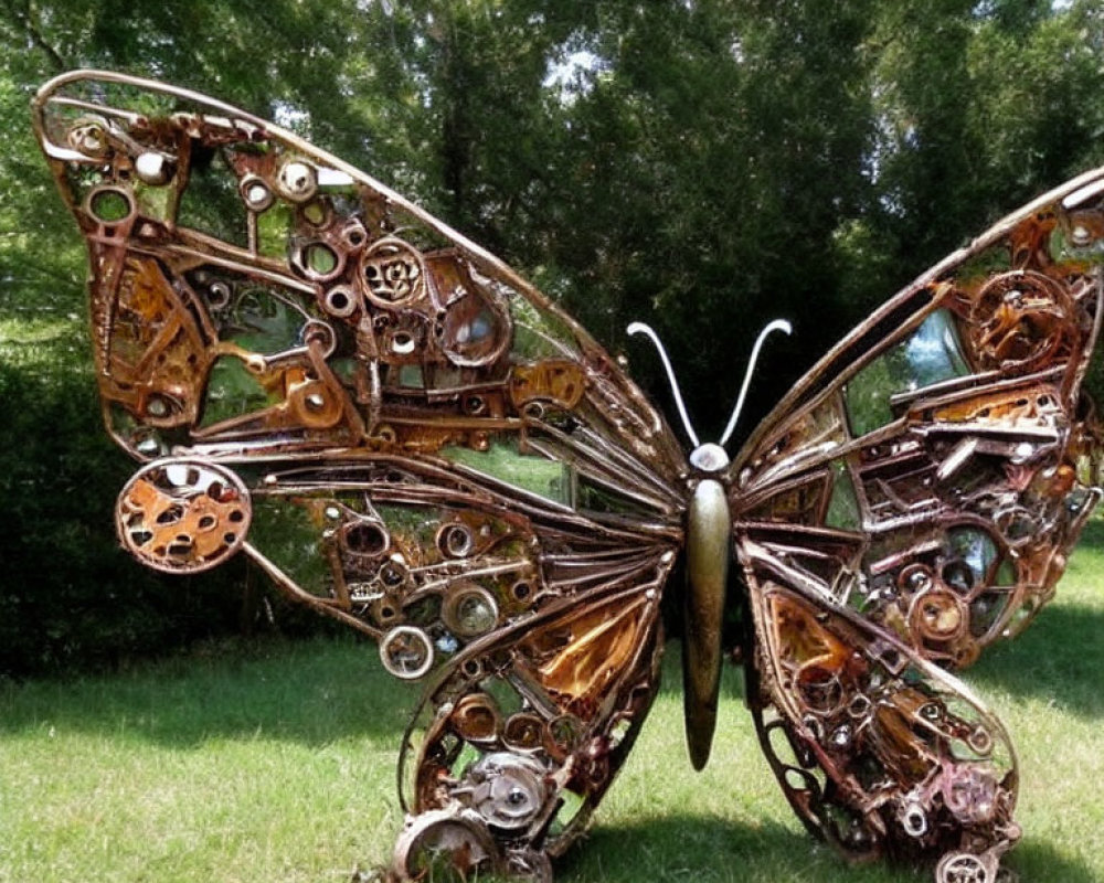 Metal butterfly sculpture crafted from gears and mechanical parts, set against outdoor backdrop.