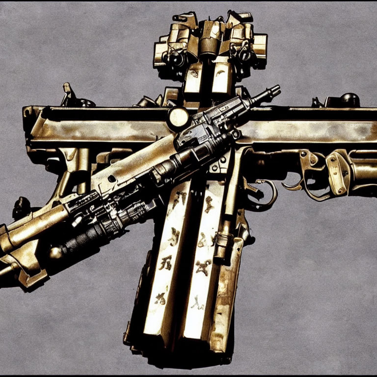 Ornate Crossed Assault Rifles Illustration on Gray Background