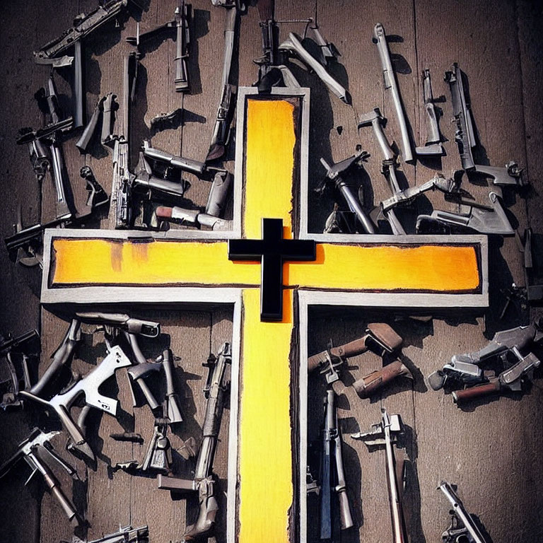 Yellow Cross with Black Outline Among Guns on Brown Background