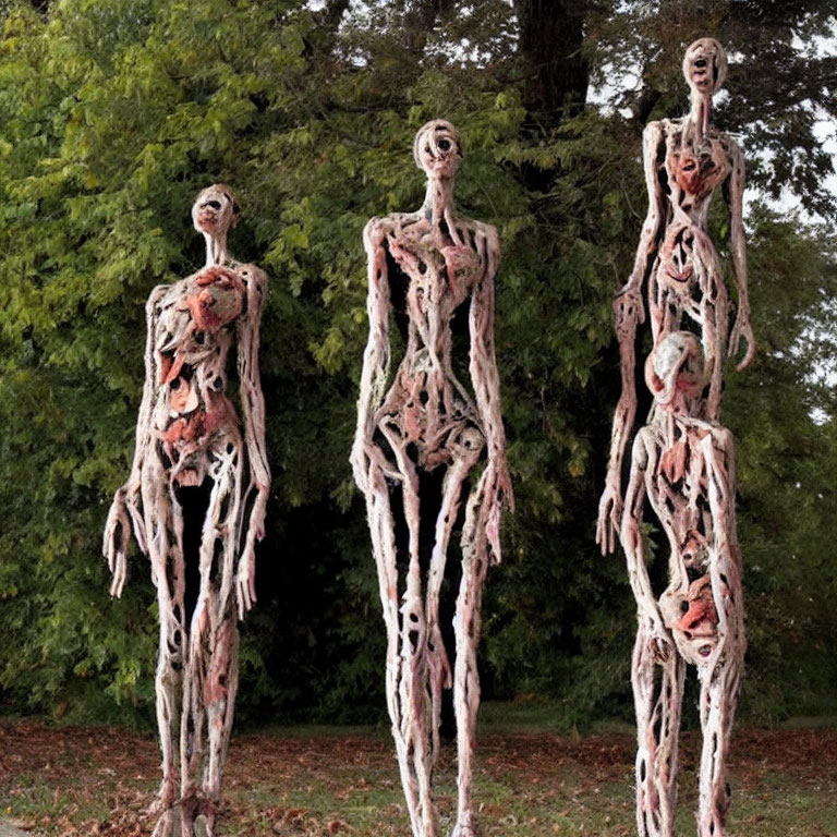 Elongated humanoid sculptures in natural setting with trees