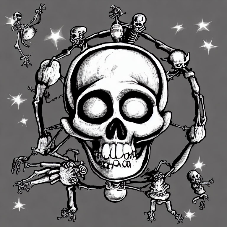 Monochrome illustration of large skull with dancing skeletons in circle