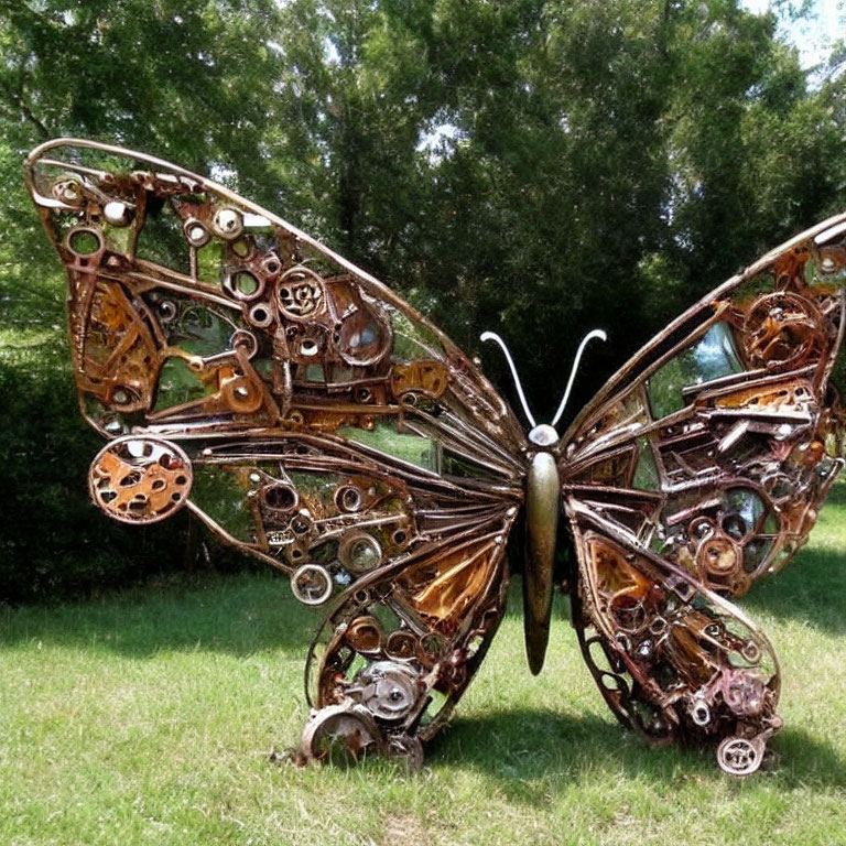 Metal butterfly sculpture crafted from gears and mechanical parts, set against outdoor backdrop.