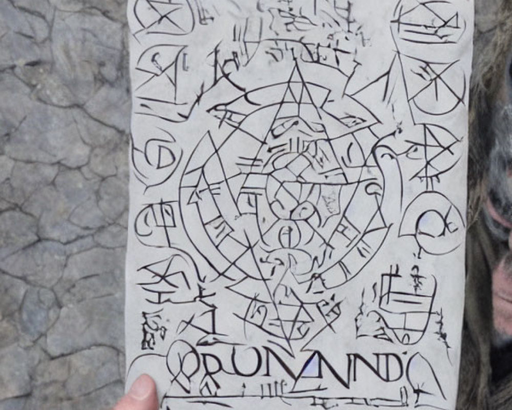 Mysterious symbols on paper held by hand on cracked ground