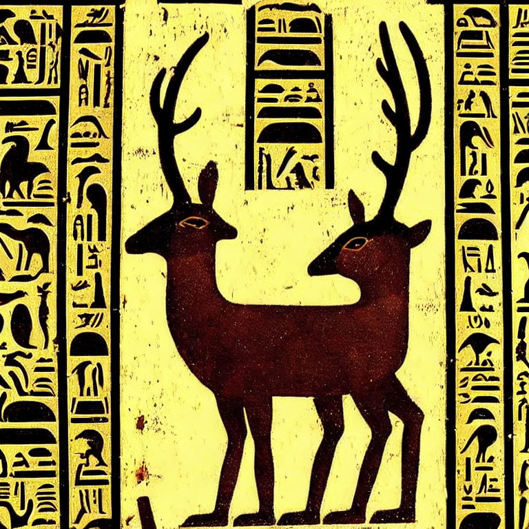 Stylized deer on yellow background with hieroglyphic symbols