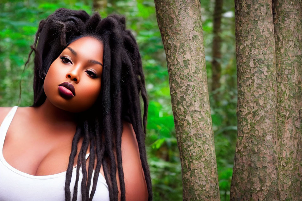 Woman with long dreadlocks in white top against green foliage