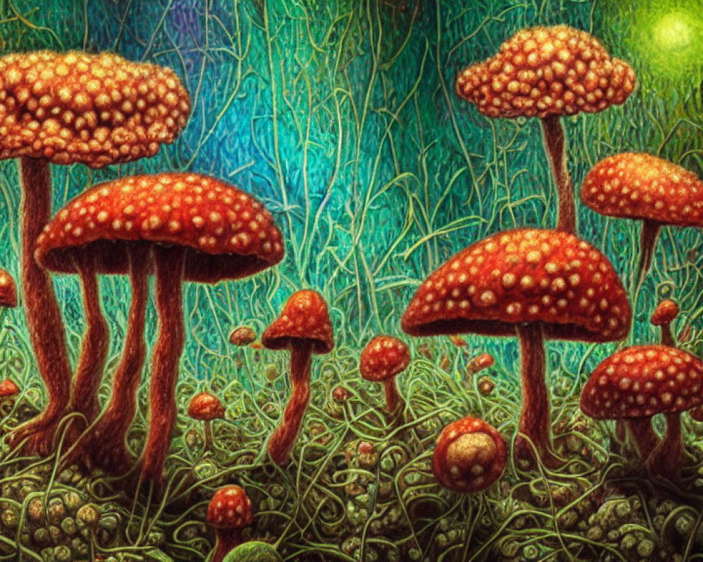 Fantasy Mushroom Forest Illustration with Red-Capped Mushrooms