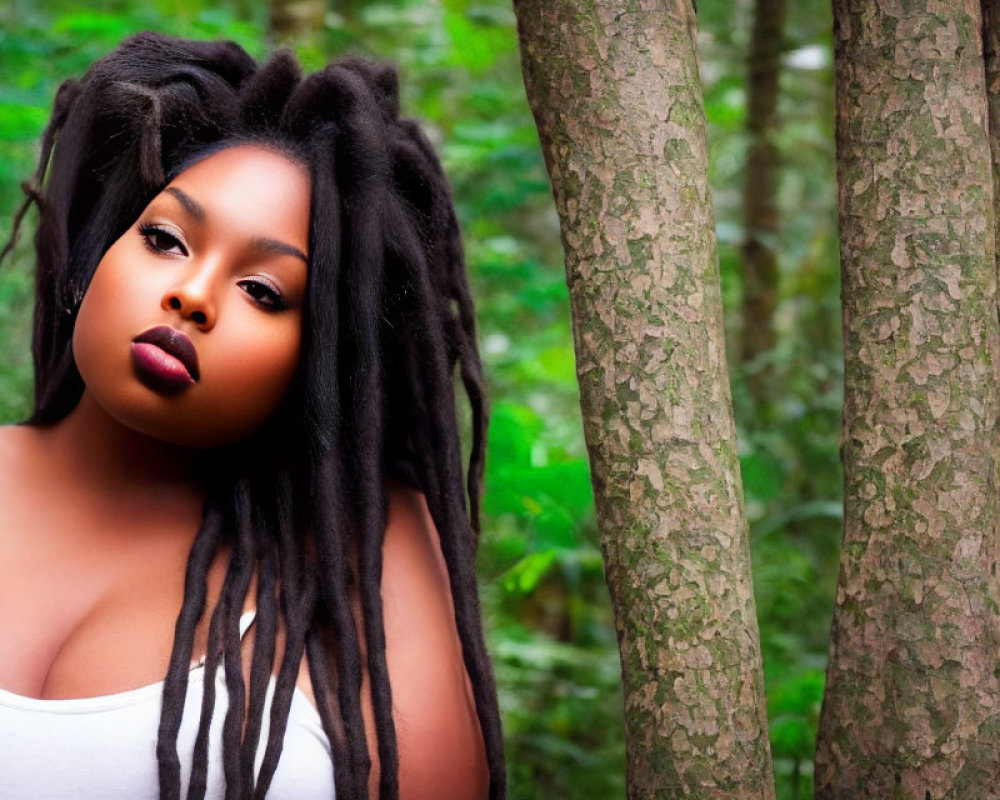 Woman with long dreadlocks in white top against green foliage