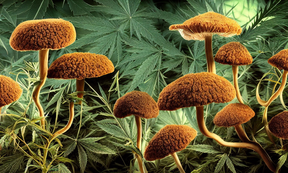 Brown Mushrooms with Textured Caps Among Green Cannabis Leaves