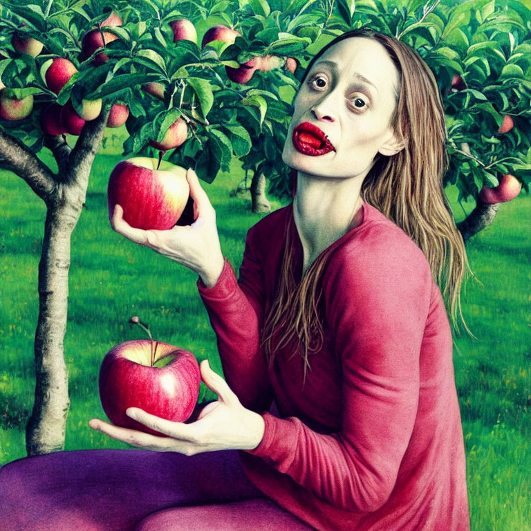 Exaggerated facial features with red lips holding an apple in an orchard