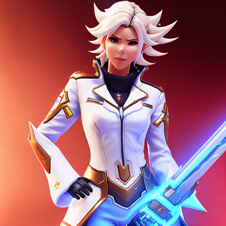 Female character with short white hair in futuristic suit with glowing sword