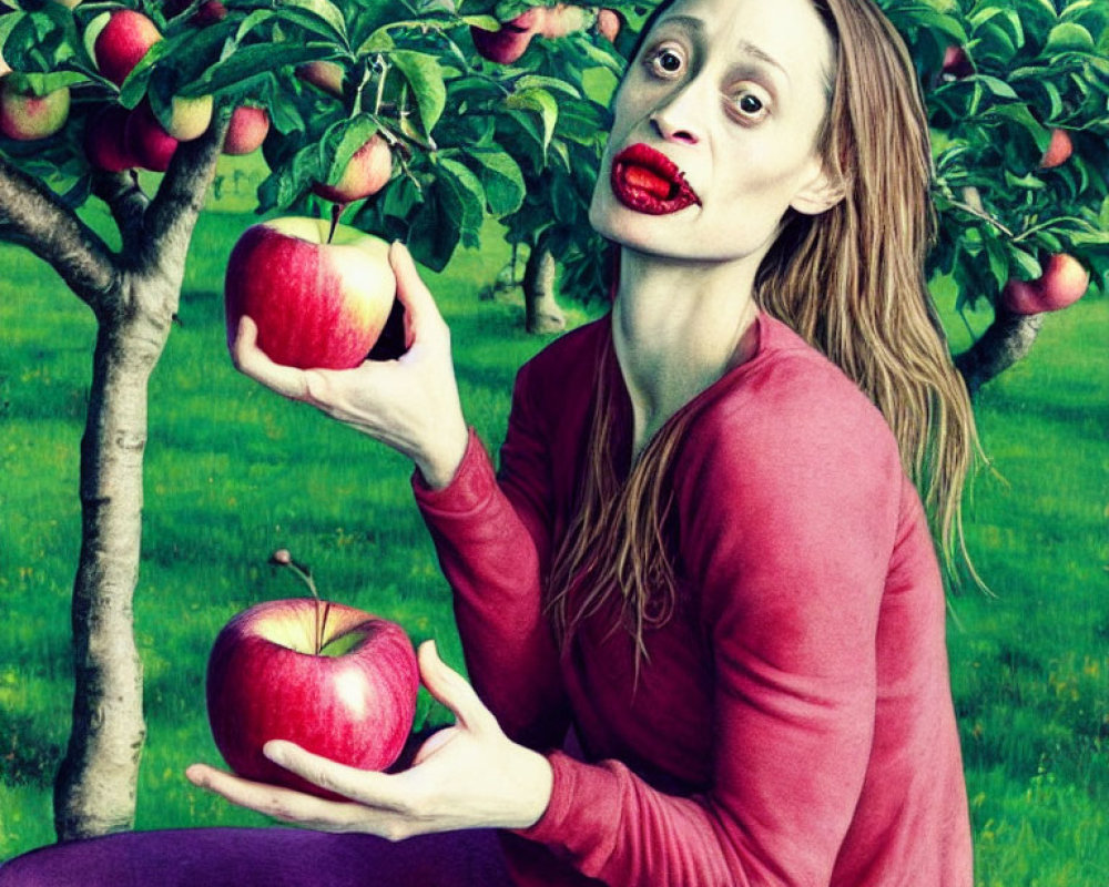 Exaggerated facial features with red lips holding an apple in an orchard