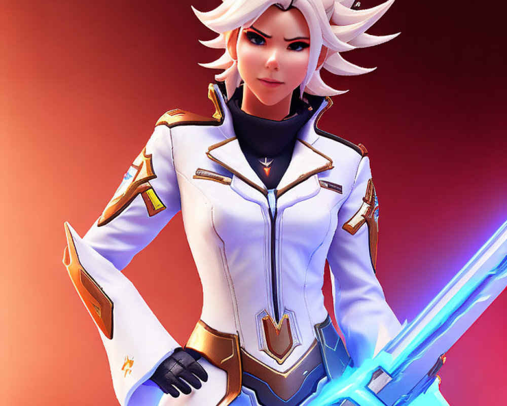 Female character with short white hair in futuristic suit with glowing sword