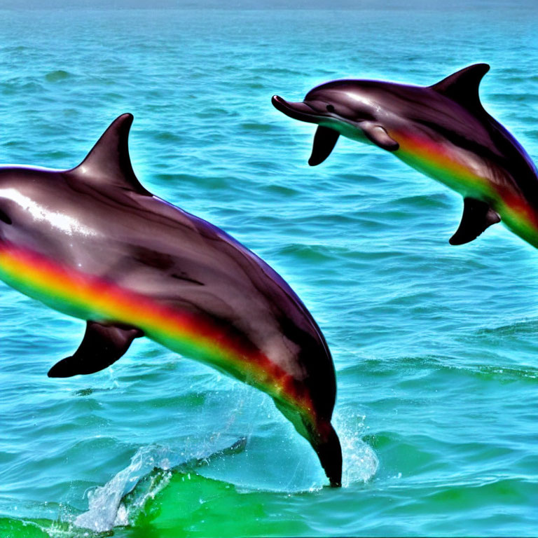 Two leaping dolphins in turquoise waters with rainbow effect