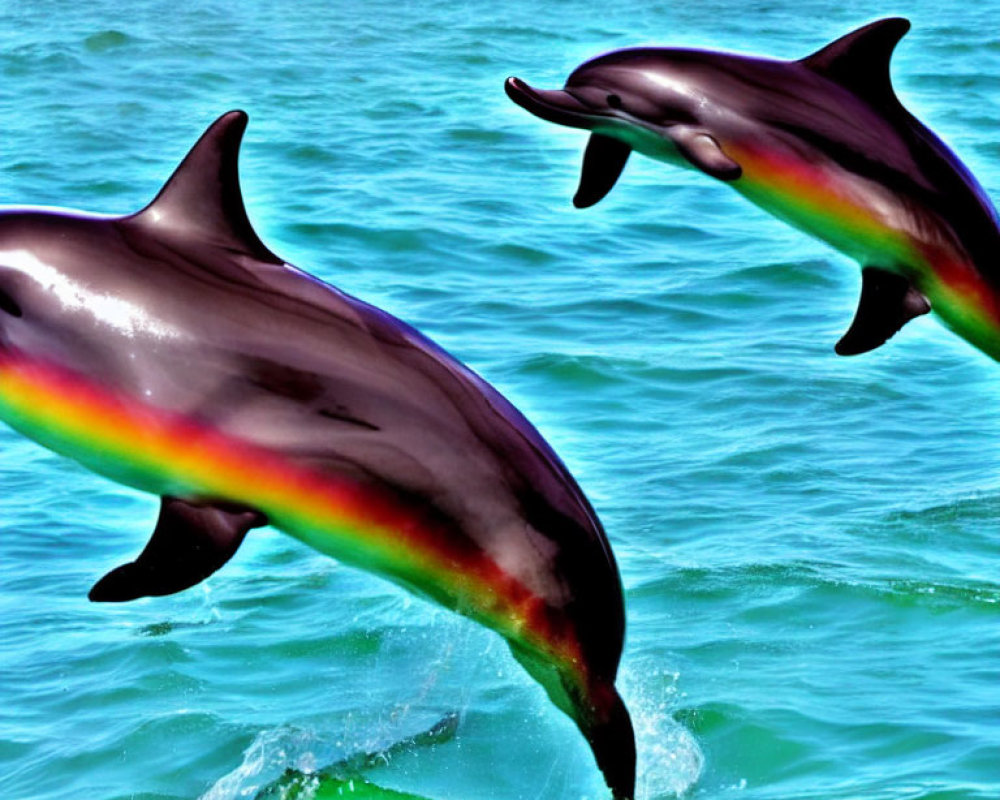 Two leaping dolphins in turquoise waters with rainbow effect