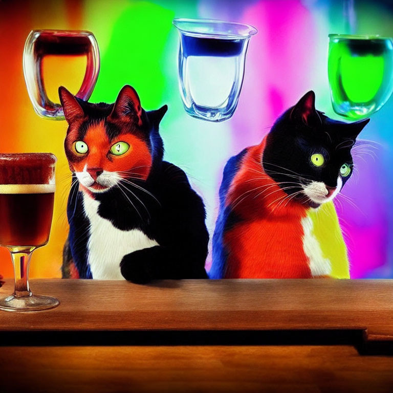 Two cats with human-like eyes in a bar with colorful lights and a glass of beer.