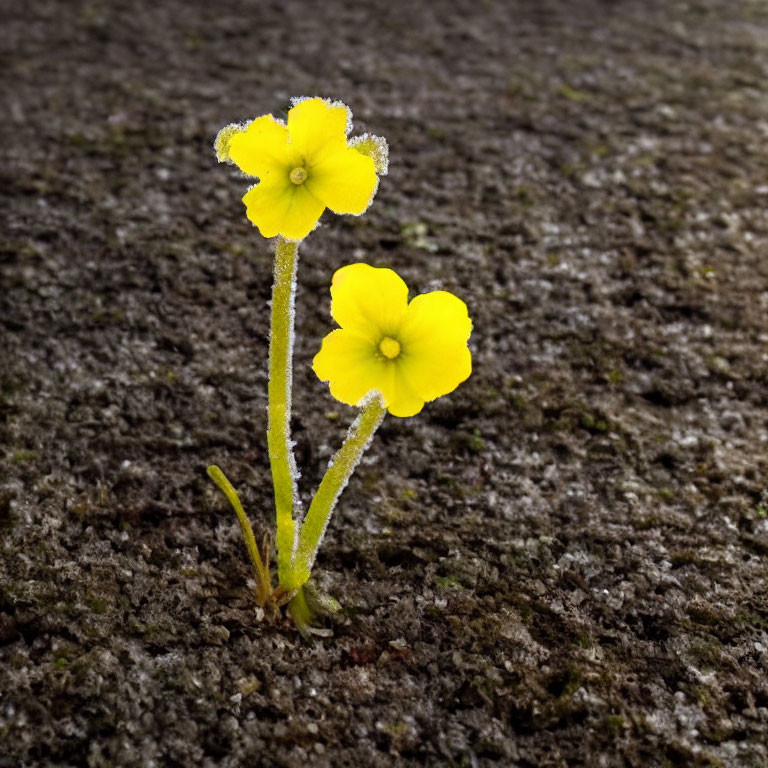 Small Yellow Flowers Growing in Crack on Dark Textured Surface