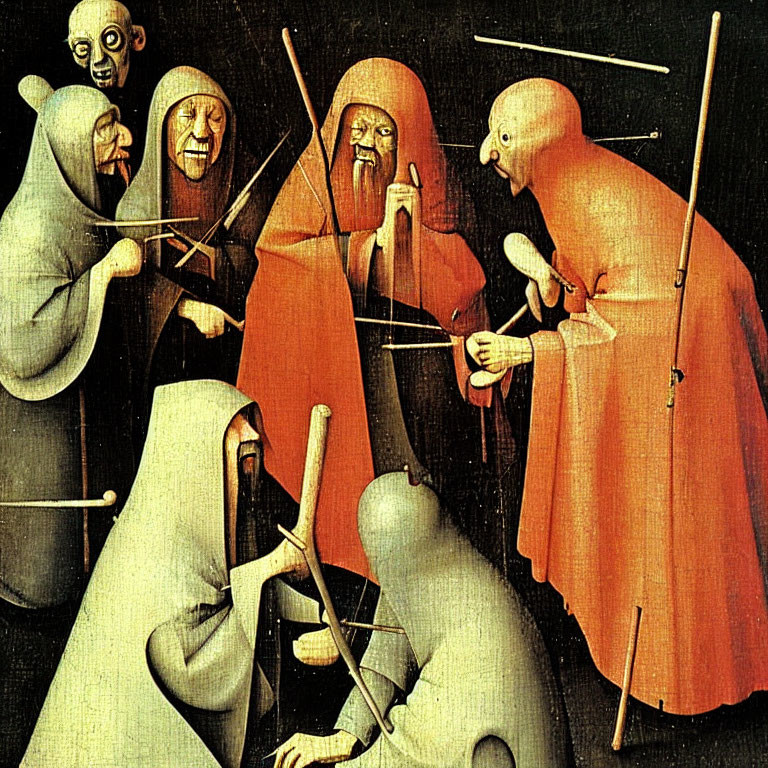 Medieval painting of hooded figures in surreal altercation