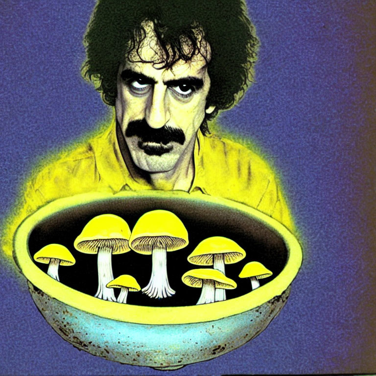 Illustration of man with mustache and mushrooms on violet background