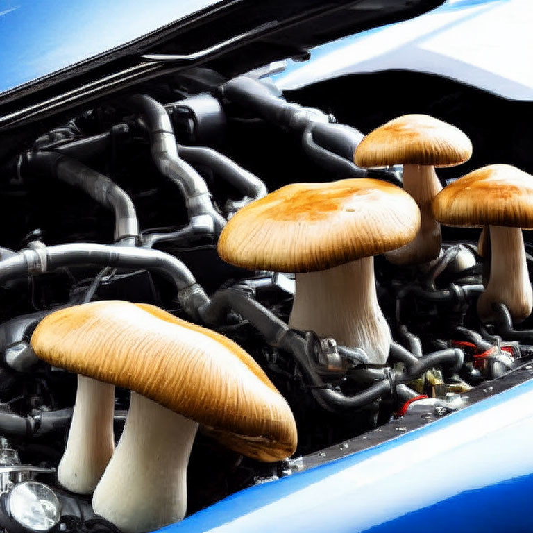 Mushrooms growing from car engine in digital edit