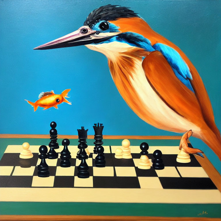 Vibrant kingfisher and goldfish on chessboard with teal backdrop