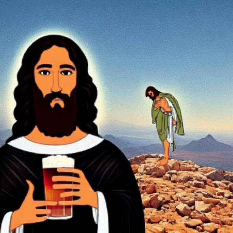 Illustration of two haloed figures with beer, one foreground and one background on rocky terrain.