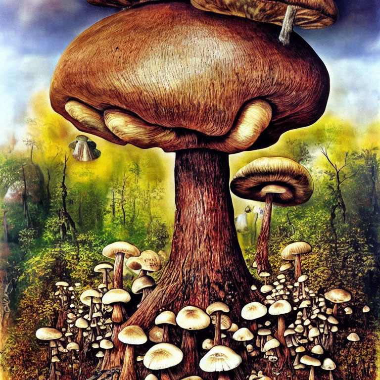 Surreal painting of oversized mushroom in forest landscape