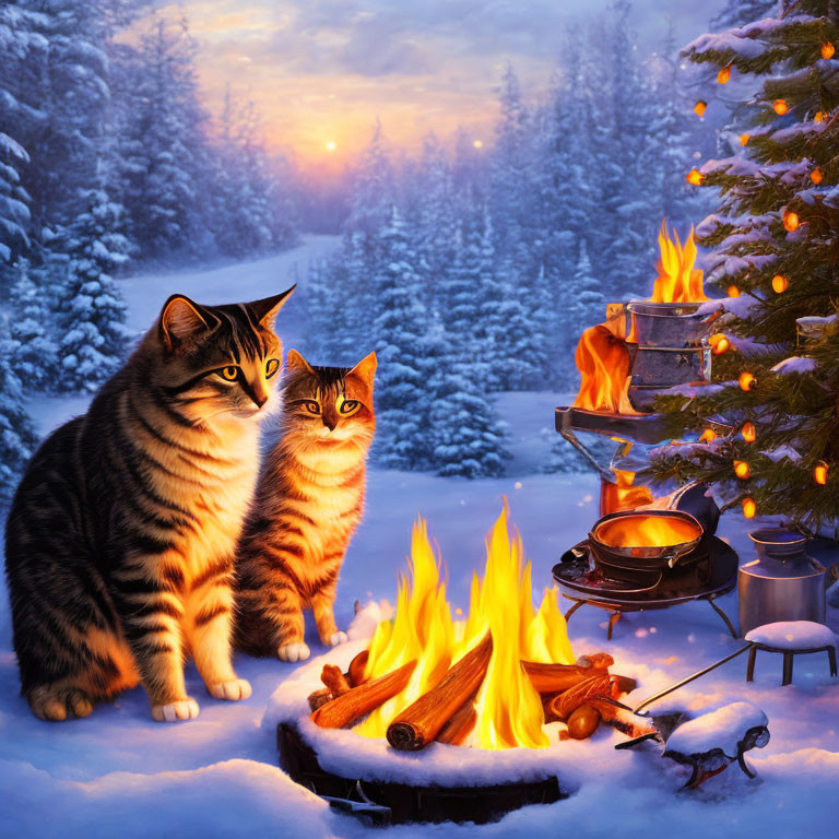 Two cats by campfire in snowy forest with Christmas tree and cooking pot