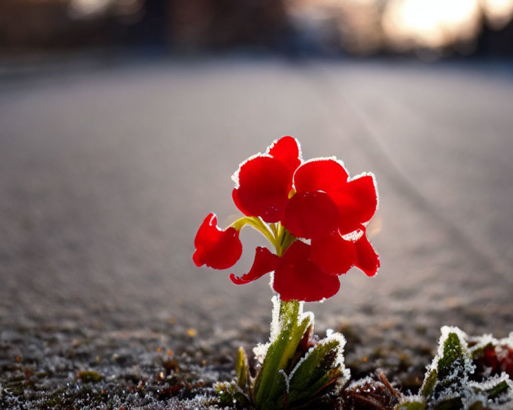 Vibrant red flower on frost-covered ground at sunrise