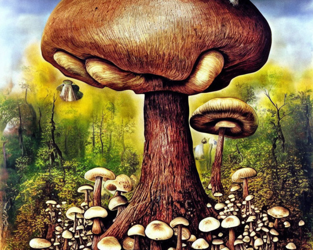 Surreal painting of oversized mushroom in forest landscape