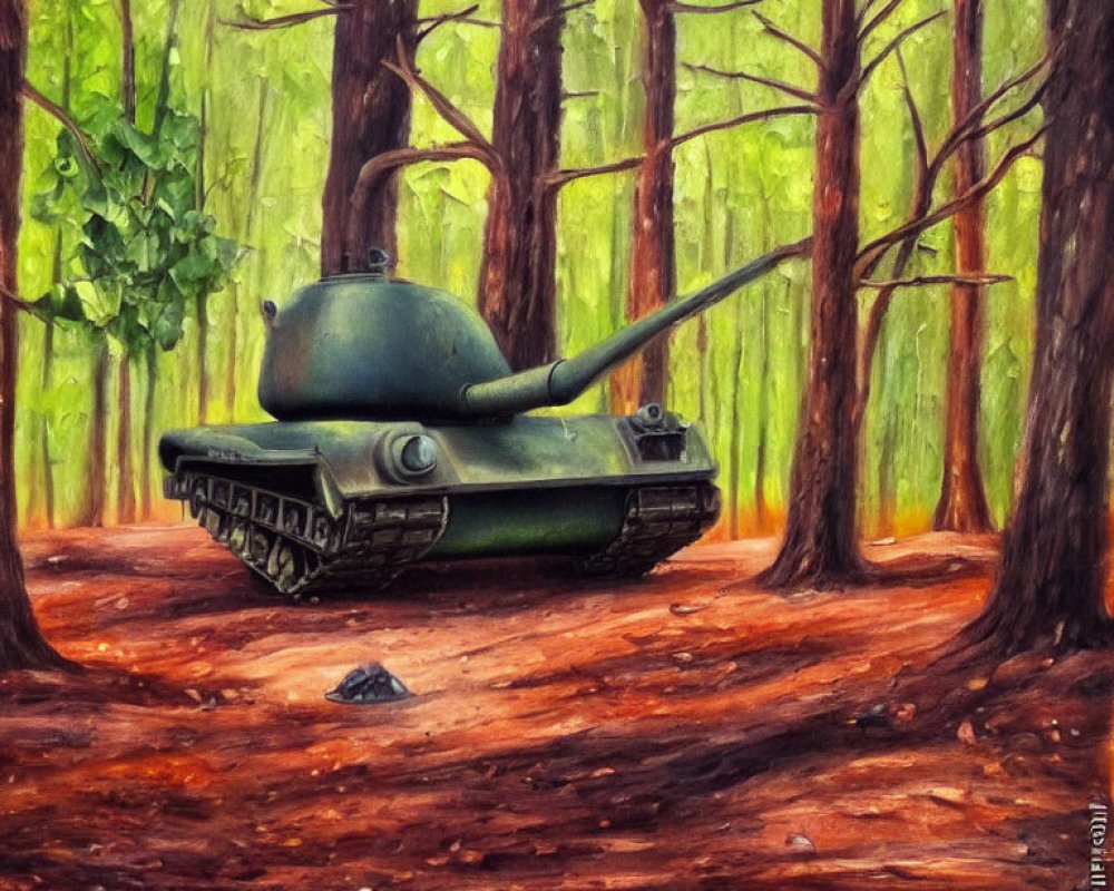 Green military tank camouflaged in dense forest with sunlight filtering through