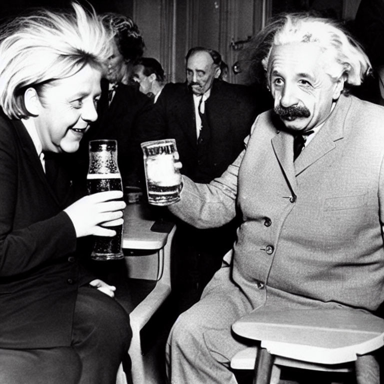 Monochrome photo: Man and woman smiling, toasting with beer glasses