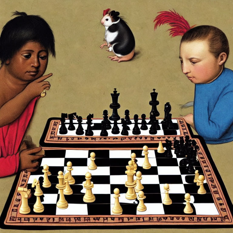 Exaggerated-featured children play chess with guinea pig observer