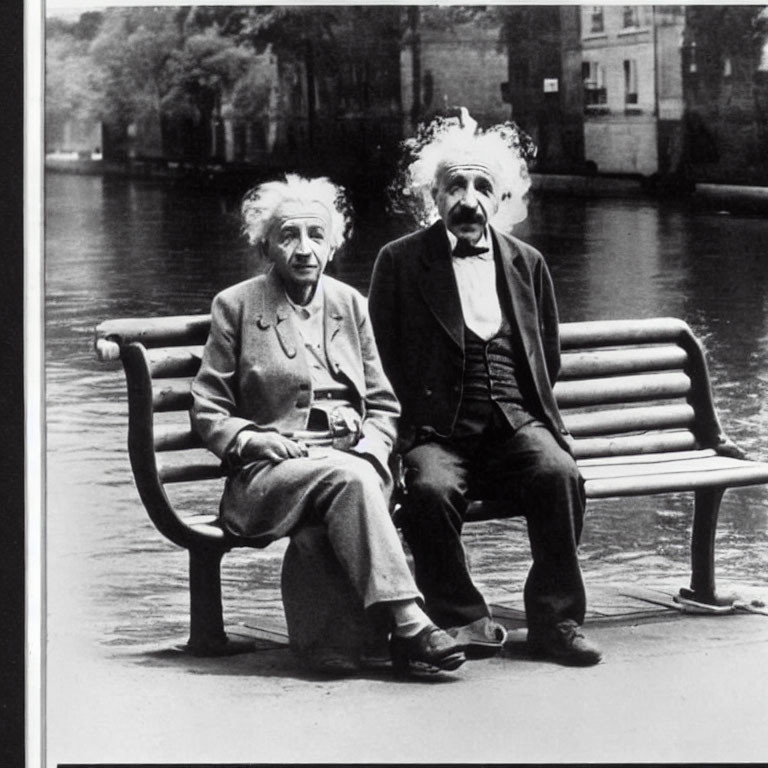 Elderly individuals with white hair sitting on bench by canal