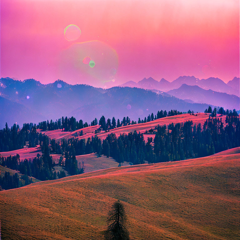 Scenic landscape of tree-dotted hills under a pinkish-purple sky
