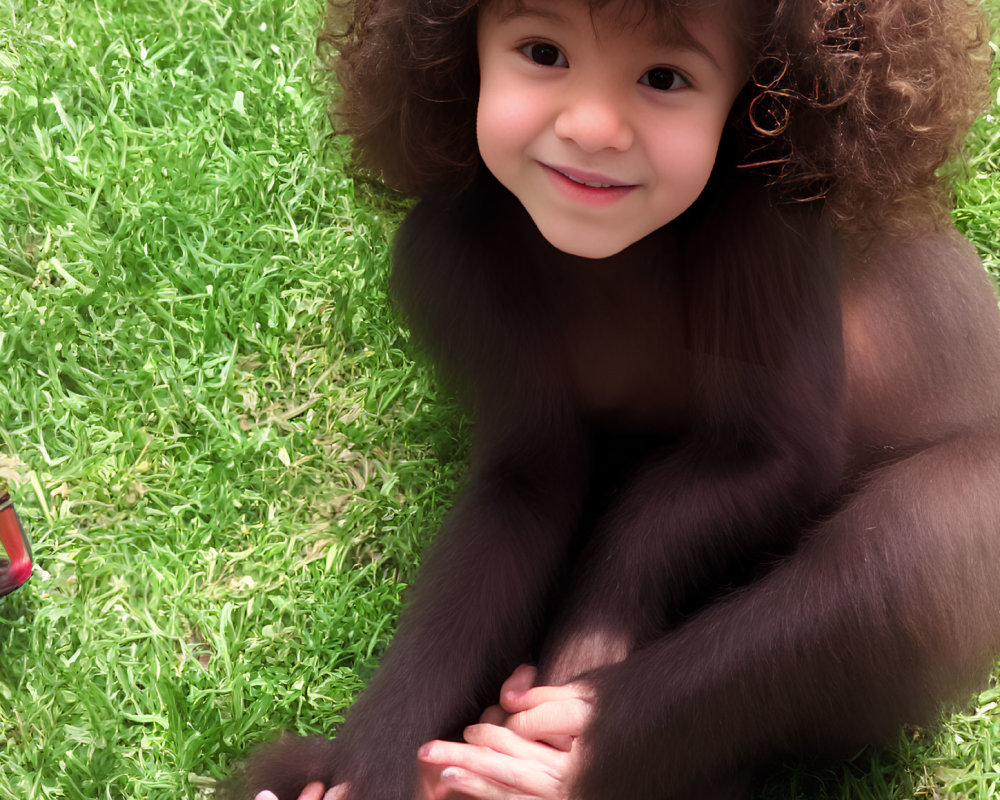 Curly-Haired Child Smiling on Grass with Digitally Added Monkey Body