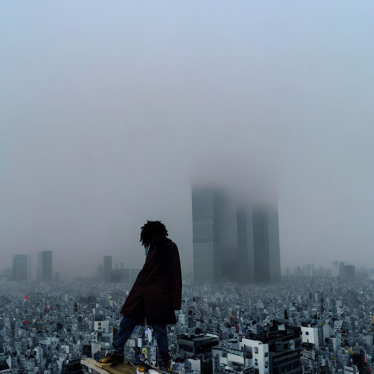 Person overlooking foggy cityscape with skyscrapers.